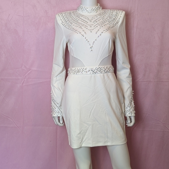 Banjul White Long Sleeve Mesh Insert Pearl Embellished Mini Dress Shoulder Large - Picture 1 of 10